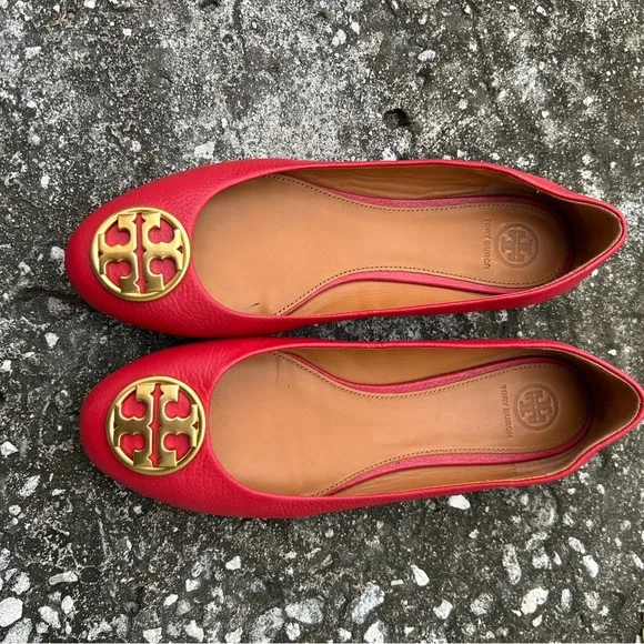 Tory Burch CHELSEA Red Ballet Flats with Gold Accents - Picture 5 of 14